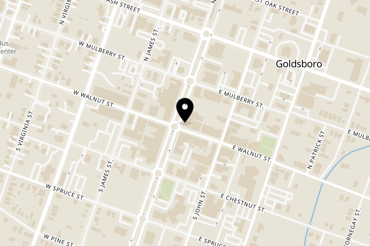 Map showing the location of The Laughing Owl Restaurant on 100 N Center St in Goldsboro